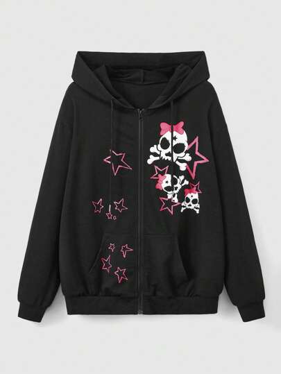 Kawaii Skull Graphic Zip Up Drawstring Hoodie, School,Long Sleeve Tops