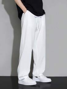 Men Drawstring Waist Straight Leg Trousers - White - View 5