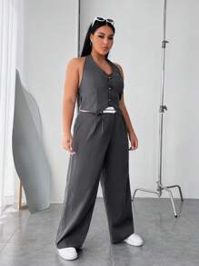 SHEIN EZwear Hơn Nút phía trước Áo khoác vest & Quần ống rộng - Xám - Xem 4