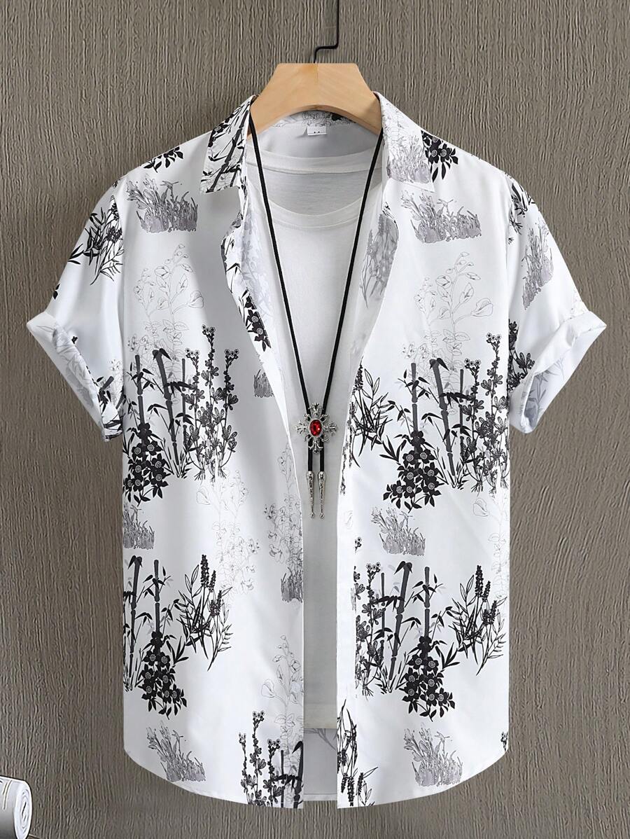 Men Plants Print Shirt Without Tee - White - View 1