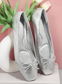 SHUZIA Metallic Bow Detail Square Toe Ballet Flats Summer Shoes Spring Shoes Spring Break Easter - Silver - View 5
