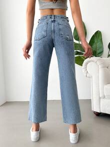 Cottnline Raw Hem Cropped Straight Leg Jeans - Light Wash - View 2