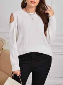 SHEIN Clasi 大碼挖肩素色套頭毛衣 - 白色 - 查看 3