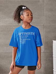 SHEIN Tween Girl Slogan Graphic Drop Shoulder Oversize Tee - Royal Blue - View 5