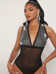 SHEIN SXY 水鑽細節網紗拼接繞頸緊身連體衣 - 黑色 - 查看 1