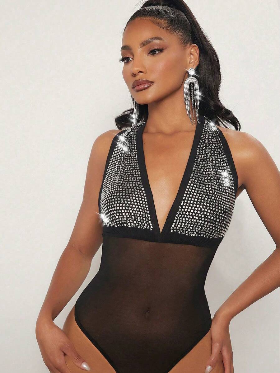 SHEIN SXY 水鑽細節網紗拼接繞頸緊身連體衣 - 黑色 - 查看 1