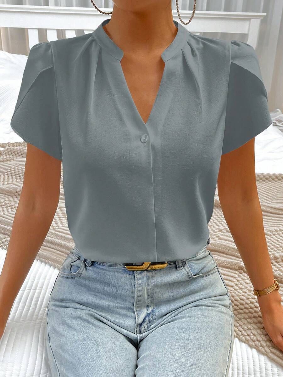 SHEIN Privé Spring Break Solid Notched Neckline Petal Sleeve Work Women White Shirt Blouse - Grey - View 1