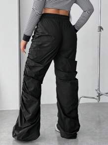 SHEIN Coolane Plus Drawstring Waist Ruched Pants - Black - View 2