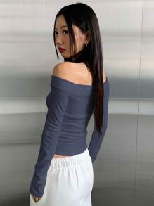 DAZY 露肩纯色T恤，秋季长袖女式上衣 - 水鴨藍 - 查看 4