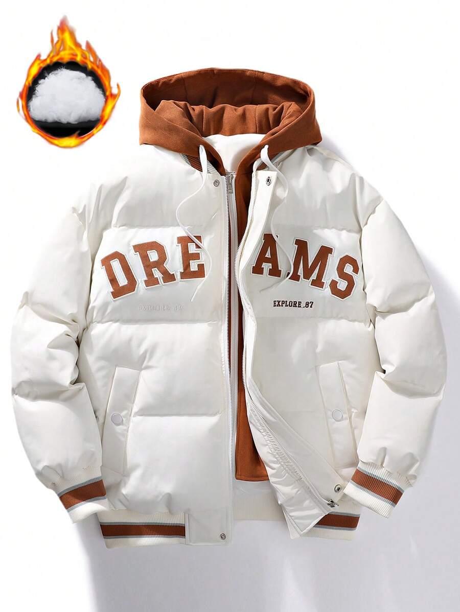 Men's Padded Coat, Thick Padded Coat, Hooded Padded Coat With Embroidered Letter, Warm Outerwear For Autumn/Winter - White - View 1