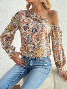 Blusa con estampado de paisley de cuello asimétrico de manga farol - Multicolor - Ver 3