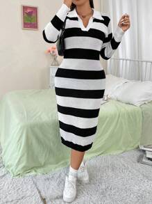 Flirla Plus Two Tone Polo Neck Sweater Dress - Black and White - View 3