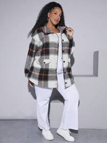 SHEIN CURVE+ Plus Plaid Print Drop Shoulder Overcoat - Multicolor - View 5