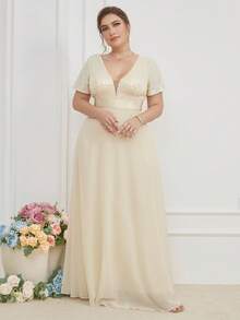 Plus Contrast Sequin Plunging Neck Party Dress - Apricot - View 5