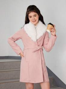 Teen Girl Fuzzy Collar Belted Overcoat - Dusty Pink - View 4