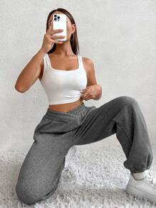Flirla Chất rắn Túi nghiêng Quần thể thao - Màu xám đen - Xem 6