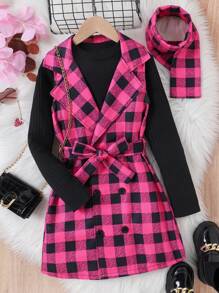 SHEIN Tween Girl Buffalo Plaid Print Double Breasted Belted Vest Coat & Solid Tee & Scarf - Multicolor - View 1