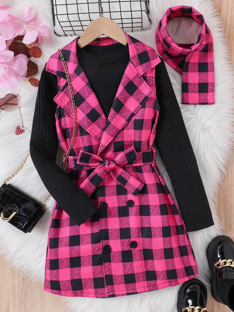 SHEIN Tween Girl Buffalo Plaid Print Double Breasted Belted Vest Coat & Solid Tee & Scarf - Multicolor - View 1