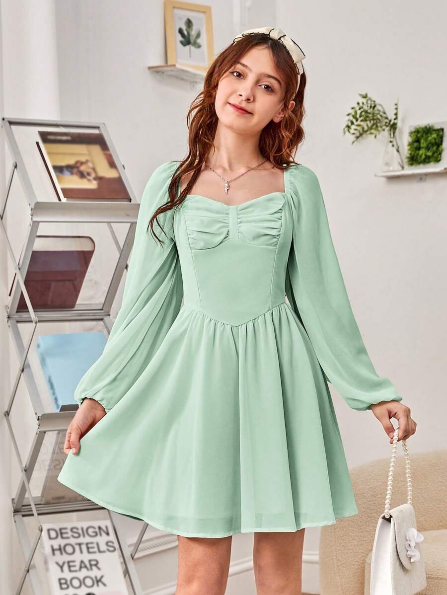 SHEIN Teen Girl Sweetheart Neck Ruched Front Lantern Sleeve Dress - Mint Green - View 1