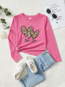 SHEIN 基礎款圓領長袖心形和字母印花t恤,適用於秋冬季,適合青少女 - 玫紅色 - 查看 1