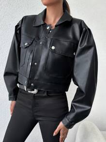 EURMUSE Flap Pocket Lantern Sleeve Crop Jacket - Black - View 5