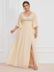 Hơn Tương phản Sequin Tách đùi Chiffon Váy phù dâu - Màu be - Xem 4