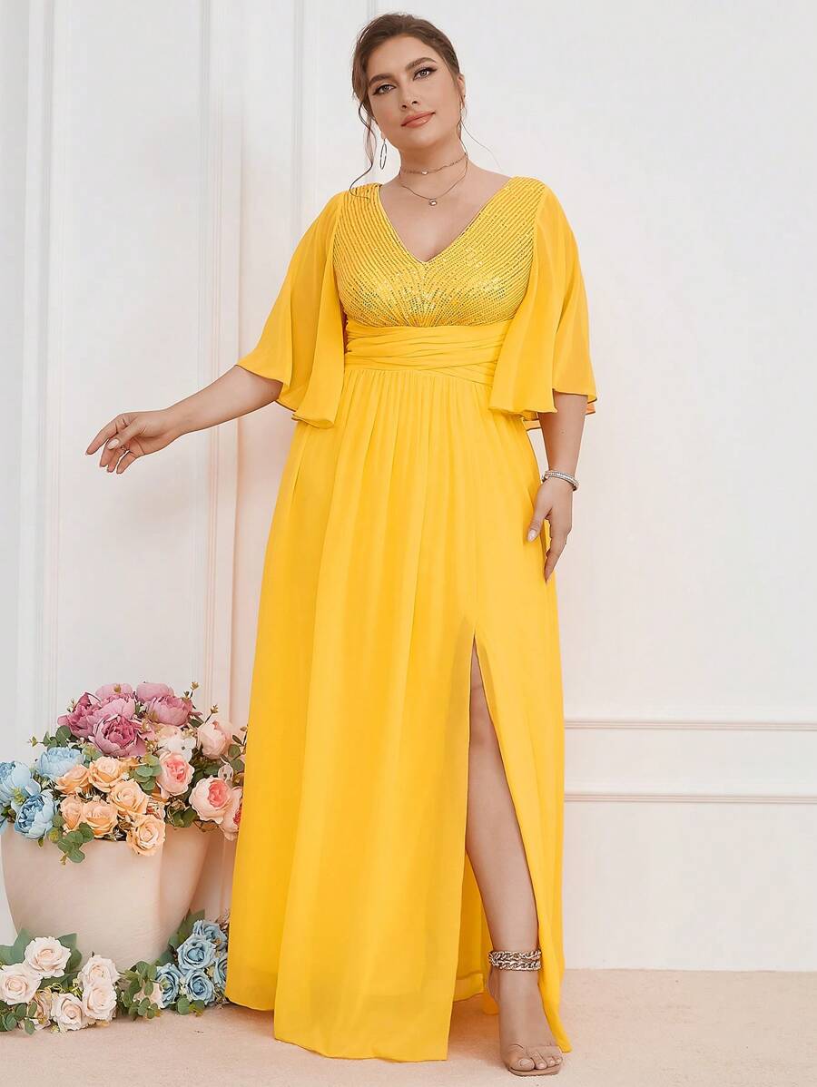 Hơn Tương phản Sequin Xù Chiffon Váy phù dâu - Màu vàng - Xem 1