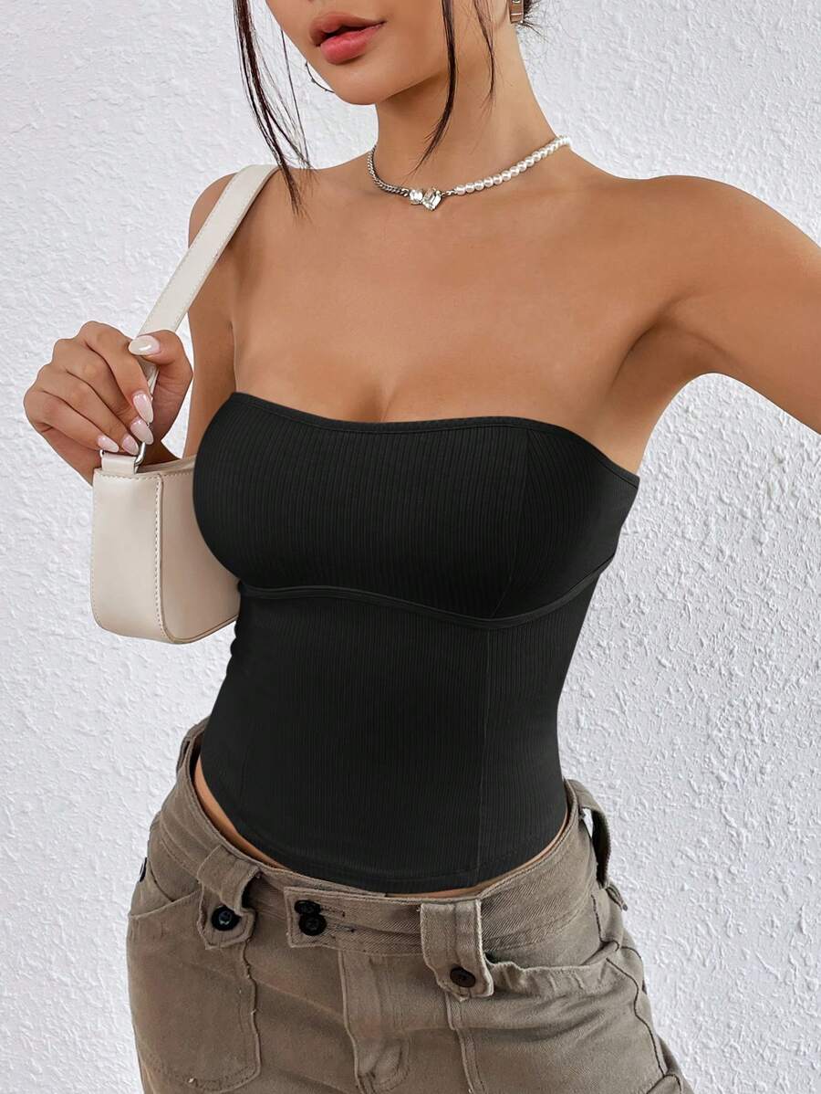 SHEIN EZwear Summer Black Solid Rib-Knit Tube Top - Black - View 1
