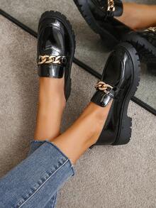 女士時尚金屬鏈裝飾懶人鞋,平底鞋 - 黑色 - 查看 4