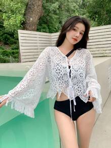 DAZY Solid Tie Front Ruffle Trim Kimono For Summer Beach Vacation Sheer - White - View 5