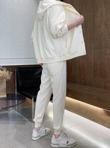 Men Zip Up Drawstring Hoodie & Sweatpants - White - View 2