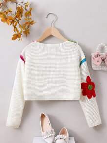 SHEIN Tween Girl Floral Patched Contrast Panel Waffle Knit Crop Sweater - White - View 2