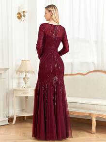 XUIBOL Elegante vestido de cola de sirena con mangas largas, cuello redondo, bordado de lentejuelas y malla para mujer. Vestido de fiesta ajustado adecuado para cóctel, boda, aniversario, cena formal familiar, celebración de cumpleaños, vestido de lujo para madre de la novia - Burdeos - Ver 3