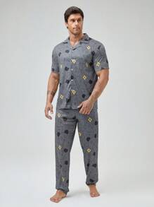 Men's Funny & Cute Grey Cartoon Print Knitted Fabric Pajama Set With Lapel Neck And Short Regular Sleeves - Grey - View 3