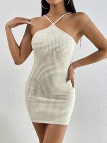 SHEIN PETITE Solid Waffle Knit Bodycon Dress - Khaki - View 5
