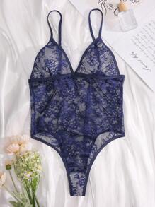 Floral Lace Teddy Bodysuit Lingerie - Navy Blue - View 3