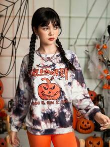 青少年女孩1入組紮染萬聖印花落肩袖運動衫 - 彩色 - 查看 4