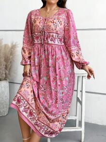 SHEIN Holidaya 大碼印花燈籠袖前打結洋裝 - 粉色 - 查看 4