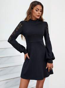 SHEIN Clasi 蕾絲拼接小高領洋裝 - 黑色 - 查看 6