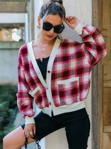 Simplee Abrigo con estampado de cuadros ribete en contraste de hombros caídos - Multicolor - Ver 1