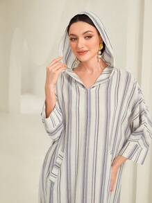 Al Najma Striped Print Batwing Sleeve Dual Pocket Dress, Modest