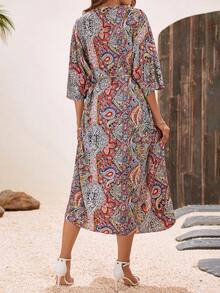 SHEIN LUNE Paisley Print Batwing Sleeve Kimono - Coffee Brown - View 2