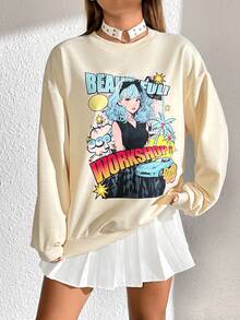 SHEIN Unity Figure & Letter Graphic Drop Shoulder Sweatshirt - Apricot - View 3
