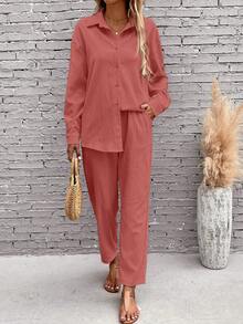 EMERY ROSE Solid Button Front Shirt & Drawstring Waist Pants - Dusty Pink - View 6