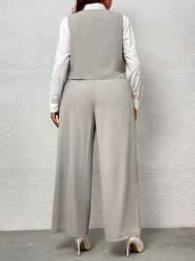Celure Plus Button Front Vest Blazer & Wide Leg Pants Without Shirt - Khaki - View 2