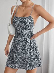SHEIN PETITE In hoa Ditsy Thánh giá Không lưng Váy Dây - Màu xanh hải quân - Xem 5