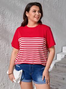 SHEIN LUNE 夏季加大条纹印花 T 恤 - 紅白色 - 查看 5