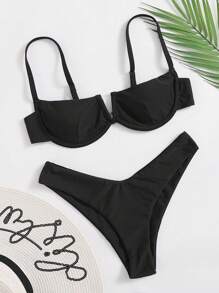Plain Underwire Bikini Set - Black - View 1
