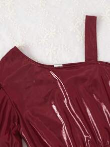 SHEIN 女大童不對稱領泡泡袖金屬質感上衣 - 酒紅色 - 查看 6