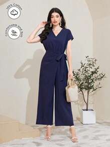 Mulvari 100% Cotton Solid Wrap Knot Wide Leg Jumpsuit